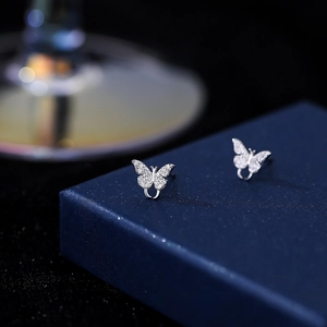 Elegant S999 sterling silver butterfly stud earrings with sparkling crystals for women