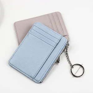 Slim lychee pattern leather zipper card wallet with multiple slots and key ring chain
