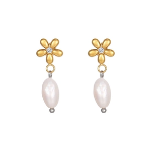 Elegant gold flower pearl drop earrings with sparkling zircon for women's daily wear