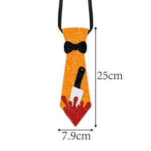 Halloween orange glitter necktie with bloody knife pattern and size measurements
