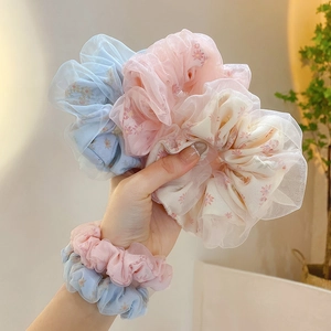 Chiffon floral scrunchie set in pastel blue, pink, and beige for women hair styling