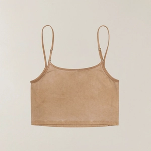 Close-up of khaki cropped tank top showing soft brushed texture and fine knit fabric