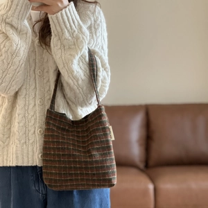 Vintage checkered tweed mini tote bag with retro stripe patterns and slim shoulder strap