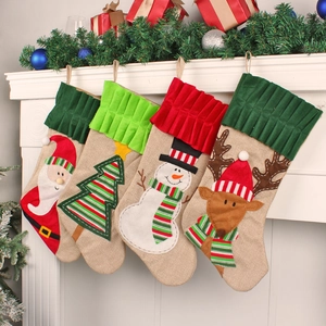 Christmas Stockings Burlap Linen Felt 3D Cartoon Santa Snowman Reindeer Applique Holiday Party Fireplace Decor Gift Bag