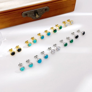 Round Stud Earrings Stainless Steel Turquoise Malachite Marble Geometric Minimalist Vintage Jewelry For Women