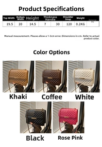 Detailed dimension chart and color options for V-quilted faux leather crossbody bag