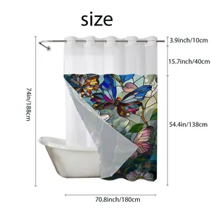 Detailed size chart for waterproof shower curtain with colorful butterfly glass design