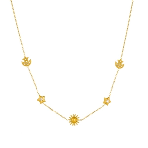 Gold stainless steel jewelry set featuring celestial sun moon and star charms with crystals