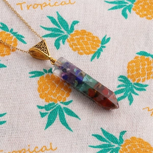 Irregular semi-precious stone pendant necklace with hexagonal crystal and colorful chips