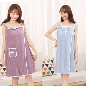 Thick coral fleece wearable bath towel with shoulder straps and bow in purple and blue