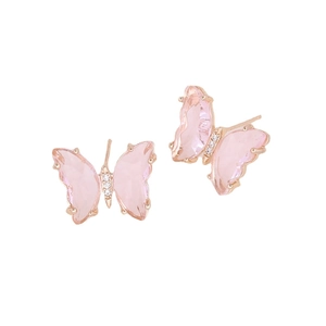 Pink crystal butterfly stud earrings in rose gold setting with white zircon accents