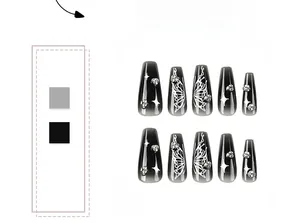 Detail of long ballerina nails with black ombre, butterfly wings and silver rhinestones