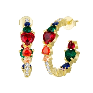 S925 silver C-shaped heart earrings with colorful pave zircon and gold plating