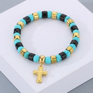 Bracelet En Perles Pendentif Croix Pierre Turquoise Acier Inoxydable Bohème Style INS Rétro Élastique Pour Hommes Femmes