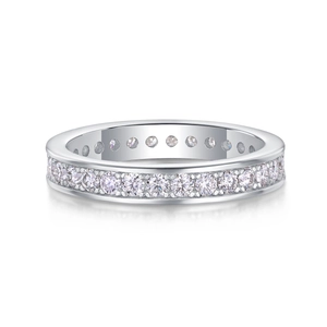 Polished S925 sterling silver eternity ring with full-circle round cut moissanite stones
