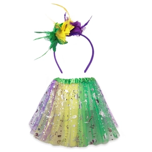 Mardi Gras carnival set with purple green and yellow feather headband and tutu skirt
