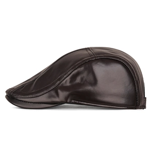 Dark brown PU leather flat cap for men with warm fleece lining and adjustable ear flaps