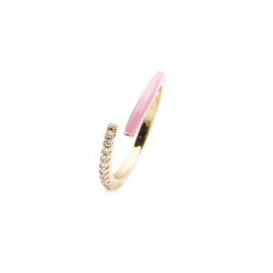 Detail view of adjustable gold ring with pink enamel inlay and row of white crystals