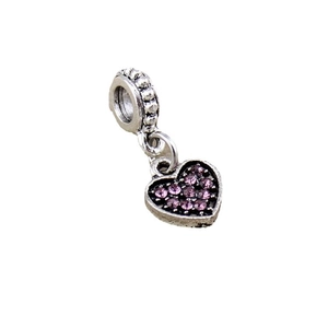 Silver bead pendant with textured clasp and heart charm inlaid with purple rhinestones
