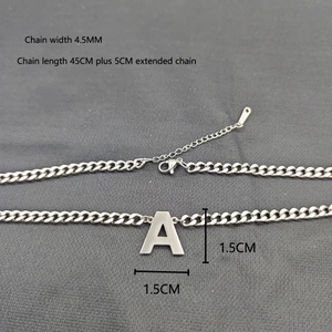 Detailed view of silver letter A pendant on a 4.5mm Cuban chain with lobster clasp