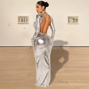 Robe Maxi Métallique Dos Nu Manches Longues Col Montant Bodycon Froncé Party Clubwear Sexy Slim Fit Pour Femmes