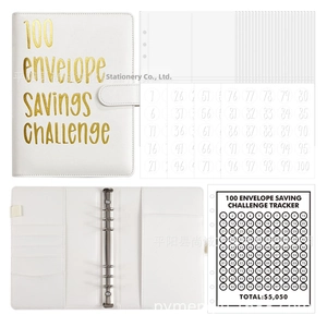 Macro detail of the white PU 100 Envelope Savings Challenge binder and 6-ring binder structure