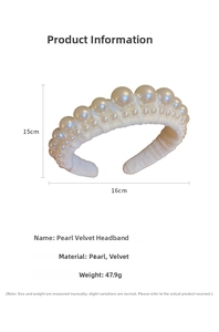 Detail view of pearl velvet headband with size dimensions of 15cm x 16cm and weight 47.9g