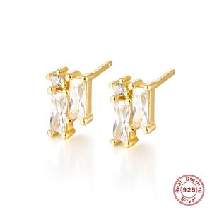 Geometric Cubic Zirconia Stud Earrings With 925 Sterling Silver Earring Post Staggered Baguette Round Stone Jewelry Women