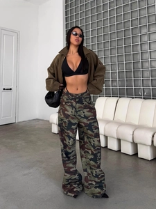 Pantalon Cargo Camouflage Taille Basse Pour Femmes Denim En Coton Jambe Large Style Rétro High Street