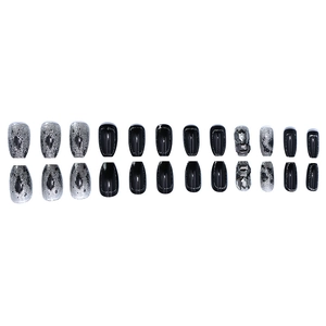 24pcs black coffin press-on nails with silver glitter, leopard print, and luxury rhinestones