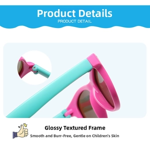 Close-up of pink and teal polarized kids sunglasses showing the smooth hinge detail