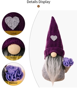 Detail display of purple knit gnome featuring felt flowers and heart-shaped wooden nose decor