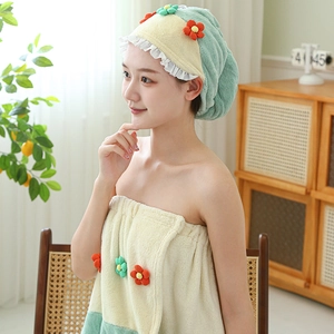 Coral fleece dry hair cap and bath skirt set featuring cute cartoon flower decorations for women.