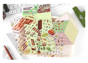 Macro shot of 2.5D indoor furniture PET stickers with cozy house scene deco elements