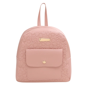 Pink PU leather backpack for school with clover embossing and golden metal hardware