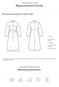 Size guide with measuring points and care symbols for the paisley lantern sleeve dress