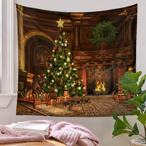Detail of Christmas tree tapestry with festive fireplace and vintage holiday decor