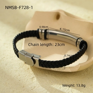 Detail showing dimension specs of black braided leather bracelet with curved steel plate