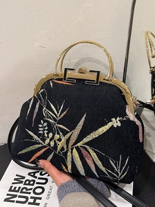 Women Vintage Embroidery Crossbody Bag New Chinese Style Hanfu Cheongsam Handbag With Metal Handle Bird Bamboo Leaf Pattern
