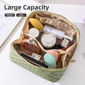 Light green checkered woven makeup bag with large capacity and multi-compartment interior