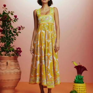 Robe Maxi Sans Manches Imprimé Paisley Polyester Col Carré Bordure Festonnée Taille Haute Dos Nu Style Bohème Vacances
