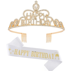 Sparkling gold crown and white satin sash with gold Happy Birthday lettering for parties