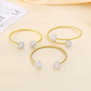 Bracelet Jonc Ouvert En Fil De Câble Torsadé En Acier Inoxydable Avec Extrémités À Billes En Strass Pavé Pour Femme