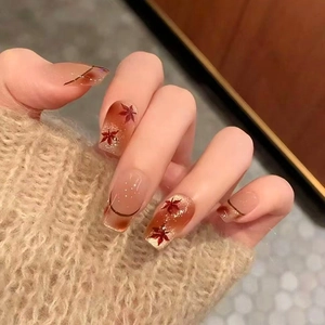 Autumn Maple Leaf Cat Eye Press On Nails French Gradient Glossy Square Fake Nails For Women