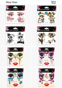 Close-up of 8 glitter face art stickers with stars and New Year party designs