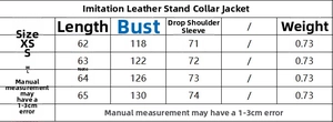 Size chart for women's faux leather stand collar jacket with measurements in centimeters