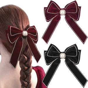 Grande Pince À Cheveux Noeud En Velours Élégante Double Couche Avec Künstliche Perles Vintage Pince À Ressort Pour Mariage Fête