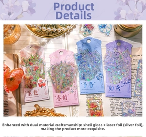 Detail of floral PVC bookmarks with shell light and laser gold stamping finish