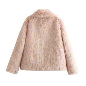 Back view of a pink faux fur jacket showing high-quality fluffy texture and soft material