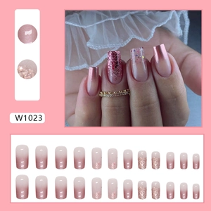 Pink aurora gradient press-on nails set with glitter and rose gold mirror finish